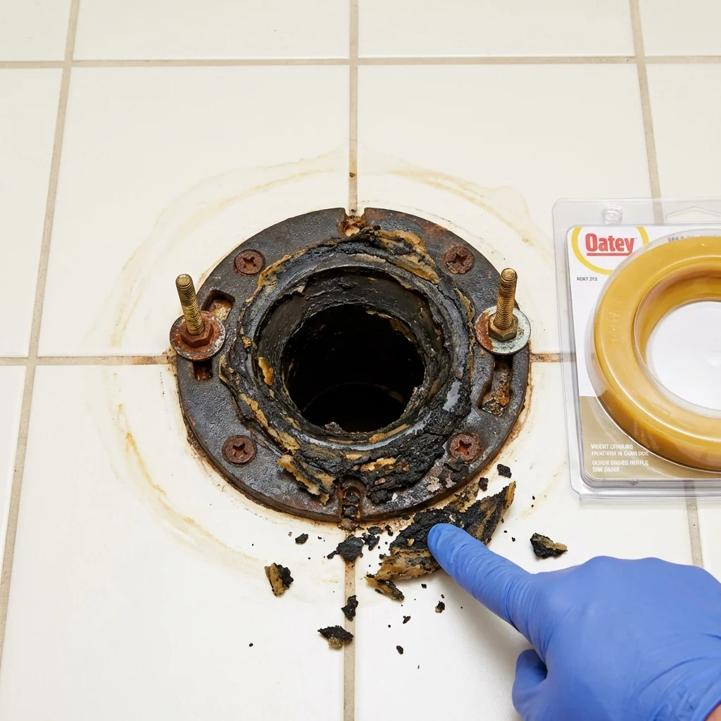 Failed wax ring showing water seepage at the base of a toilet in a Johnston, IA home